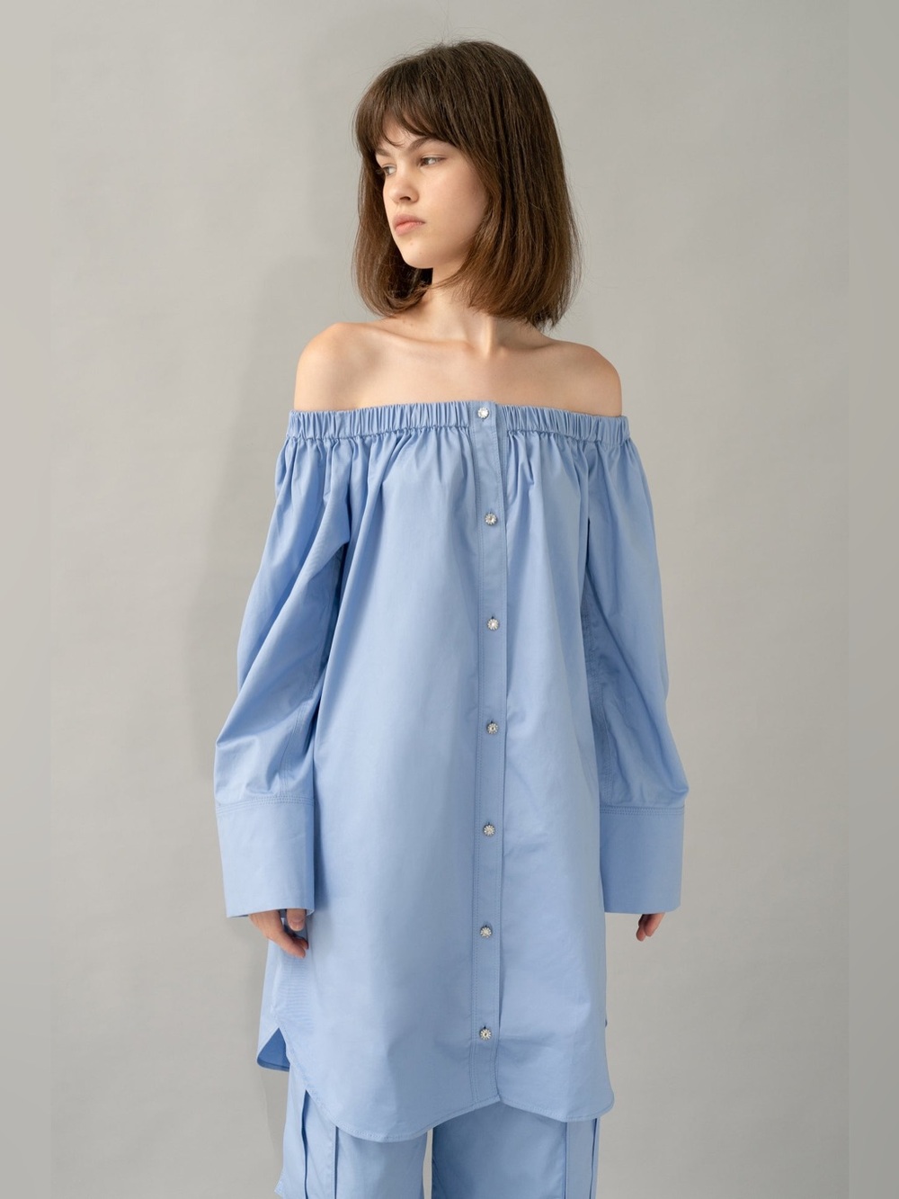 Stine Goya Amanuel Button Up Mini Dress Blue Off The Shoulder NWT